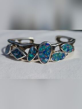 Whitney Kelly Sterling Silver Blue Fire Opal Mosaic Inlay Cuff Bracelet